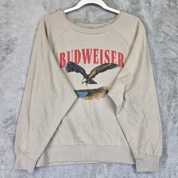 Budweiser Sweatshirt Mens Large Beige Crewneck Graphic Beer Eagle Print Raglan - Picture 1 of 12